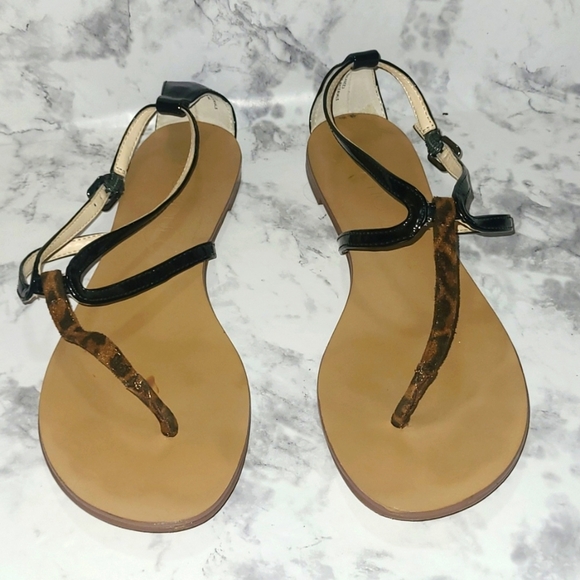 Black Animal Print T-Strap Sandals Boutique 9 Size 9 Boho Summer Shoes Coquette - Picture 3 of 6